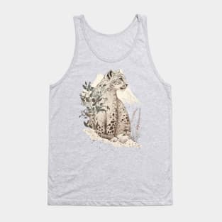 Snow Leopard in the Mountains Vintage Style Illustration Tank Top